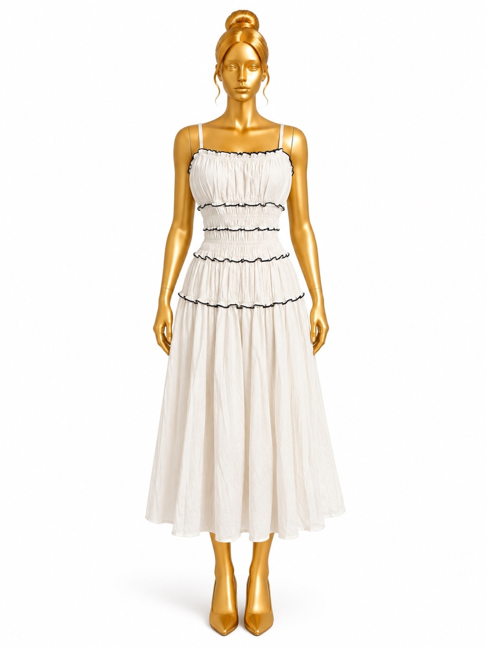 Fashion Nova Large White Smocked Ruffle Midi Dress Black Trim Lined